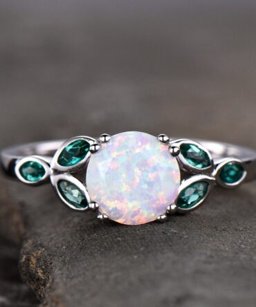 Opal Ring,Opal and Emerald Engagement Ring,Sterling Silver Ring,October Birthstone,Promise Ring, Gold Ring
