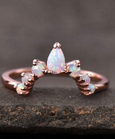 White Fire Opal Ring,Opal Matching Band,Curve Stacking Ring,Rose Gold Plated,October Birthston,Promise Ring