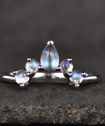 Moonstone Ring Natural Rainbow Moonstone Gemstone Sterling Silver Ring Curve Matching Band Stacking Ring Moonstne Jewelry June Birthstone