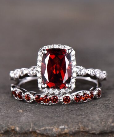 Garnet Wedding Set Natural Red Garnet Cushion Cut Sterling Silver Ring Art Deco Wedding Band Handmade Gift Birthday Gift Ring Vintage