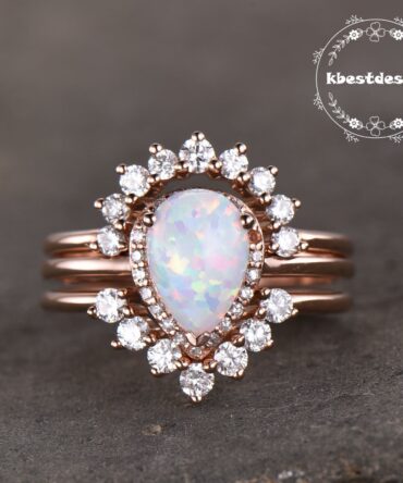 Opal Ring Vintage Sterling Silver Set Teardrop Opal Engagement Ring Crown Curved Stacking Ring Unique Bridal Jewelry Gift For Her