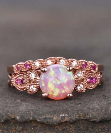 Vintage Ring Set Pink Fire Opal Engagement Ring Natural Ruby Stones Art Deco Simulated Diamond Sterling Silver Wedding Set Promise Ring