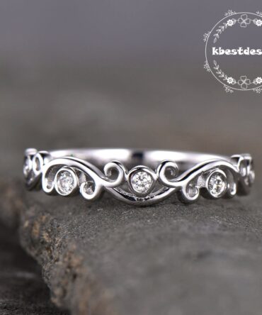 Delicate Sterling Silver Ring,Dainty Ring,Floral Ring,Stacking Ring,Diamond Simulated Band,Anniversary Gift