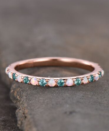 Alexandrite and Opal Ring Alternating Stone Ring Unique Opal Wedding Band Eternity Band Rose Gold Plated Anniversary Gift Bridal Ring