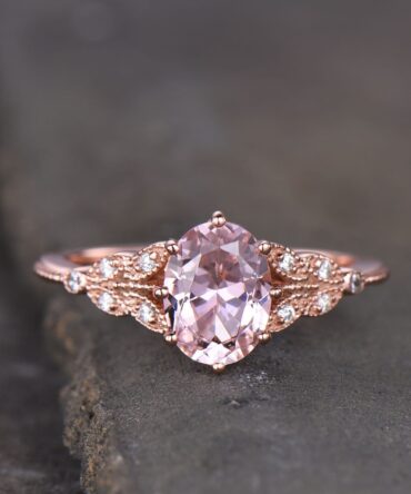 14K Rose Gold Morganite Engagement Ring Oval Morganite Ring Vintage Style Ring Art Deco Band Sterling Silver Ring Pink Gemstone Promise Ring