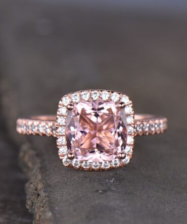 Pink Morganite Ring 8mm Cushion Morganite Engagement Ring Halo Ring Statement Ring Sterling Silver Ring 14K Rose Gold Ring Promise Ring