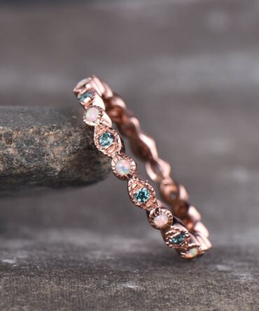 Art deco Eternity Band, Alexandrite Opal Wedding Ring, Stackable Full Eternity Ring, Rose Gold Vintage Opal Matching Band, Anniversary Gift