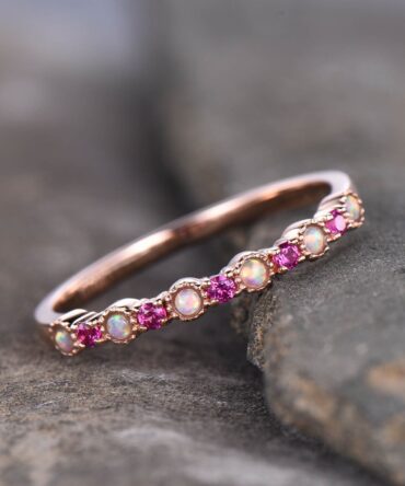 Opal Ruby Wedding Ring Rose Gold Dainty Opal Ring July Birthstone Half Eternity Stacking Ring Everyday Ring Sterling Silver Gift For Her