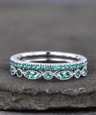 Emerald Wedding Set, Dainty Emerald Ring, Stacking Rings, 925 Sterling Silver, Emerald Gold Rings, Art deco, Anniversary Gift, Delicate