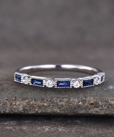 Sapphire Ring, Baguette Sapphire Wedding Ring, September Birthstone Ring, Minimalist Ring, Stacking Ring, Silver Vintage Ring, White Gold