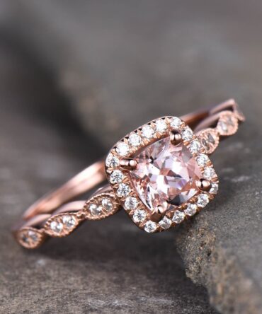 Rose Gold Morganite Ring, Cushion Morganite Engagement Ring, Halo Ring, Art deco wedding Band, Promise Ring, Anniversary Ring, Bridal Ring