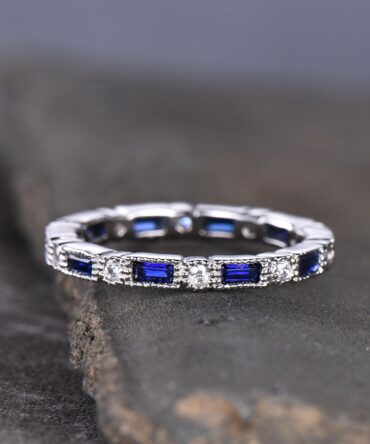 Blue Sapphire Wedding Band, Full Eternity Band, Silver Stacking Ring, High Quality Sapphire Ring, September Birthstone, Vintage Jewelry