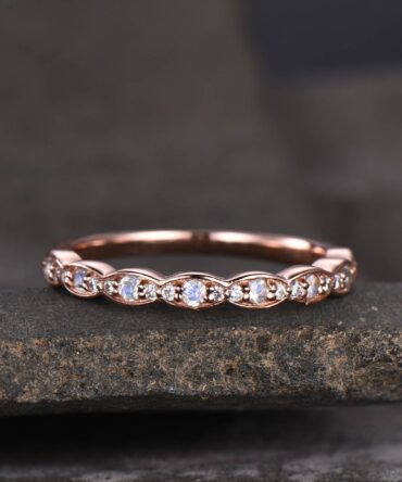 Rainbow Moonstone Ring, Moonstone and CZ Wedding Band, Vintage Moonstone Ring, Rose Gold Moonstone Band, Stacking Ring, June Birthstone