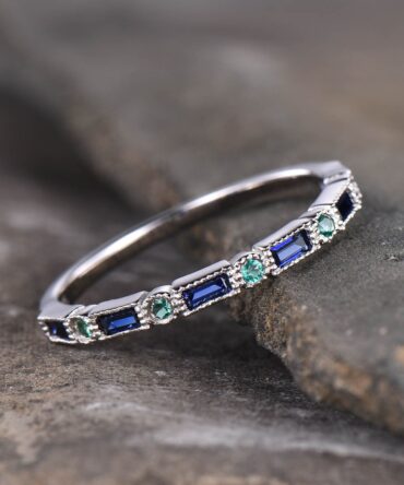 Sapphire and Emerald Ring, Sapphire Baguette Ring, Half Eternity Band, Stacking Ring, Silver Ring, Women's Wedding Ring, White Gold Ring