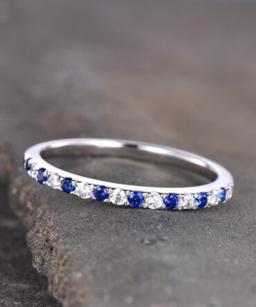 Sapphire Ring, Sterling Silver Rings, Blue Sapphire and CZ Wedding Band, Stacking Band, Pave Band, Half Eternity Stacking Rings