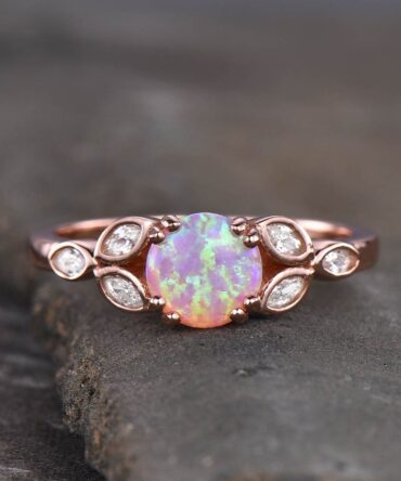 Opal Ring For Women, Pink Fire Opal Ring, Opal Engagement Ring, Rose Gold Opal Ring, Round Ring, Pink Gemstone Ring, Promise Ring