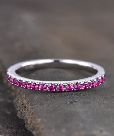 Half Eternity Ruby Wedding Band, Dainty Ruby Ring, Stacking Matching Band, Minimalist Ring, Gemstone Band, Silver Ring, Anniversary Gift