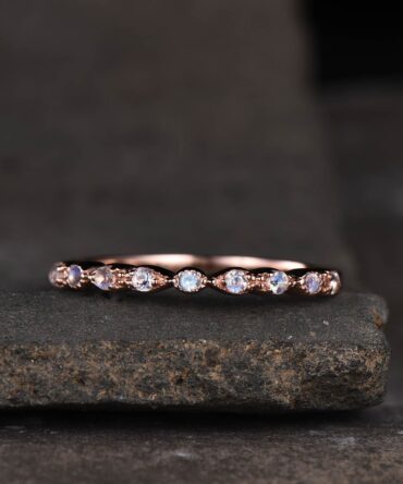 Dainty Moonstone Ring, Rainbow Moonstone Wedding Band, Genuine Gemstone, Stacking Ring, Delicate Ring Rose Gold, Half Eternity Band