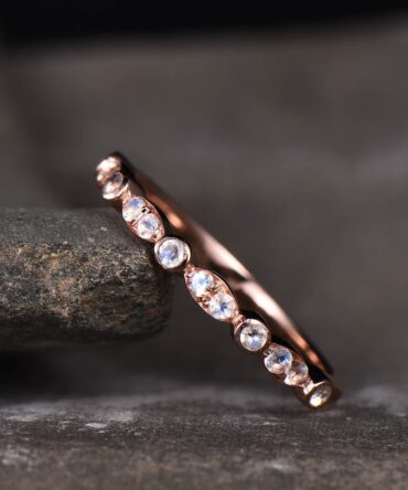Natural Rainbow Moonstone Ring, Half Eternity Moonstone Wedding Band, Handmade Silver Ring, Rose Gold Ring, Gift for her, Anniversary Ring