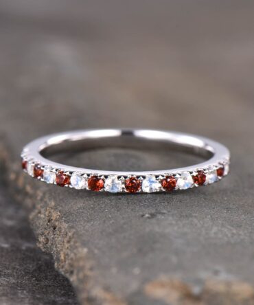 Moonstone Garnet Wedding Ring, Half Eternity Band, Garnet Silver Ring, Two Birthstone Ring, Dainty Ring, Anniversary Ring