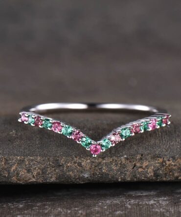 V curve stacking ring, emerald and tourmaline wedding band, dainty wedding ring, emerald wedding band, gemstone band, silver ring