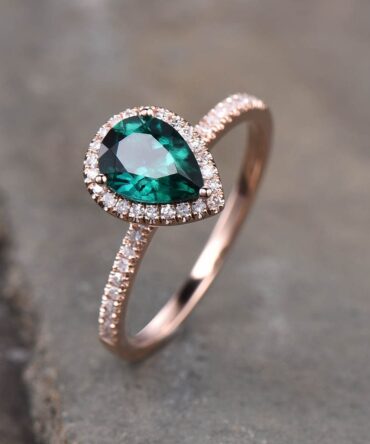 Emerald Ring, May Birthstone Ring, Pear Emerald Engagement Ring, Rose Gold Emerald Ring, Halo Ring, Promise Ring, Green Gemstone