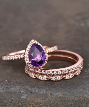 Amethyst Wedding Ring Set, Pear Amethyst Engagement Ring, Stacking Bands, February Birthstone Ring, Rose Gold Plated, Bridal Set