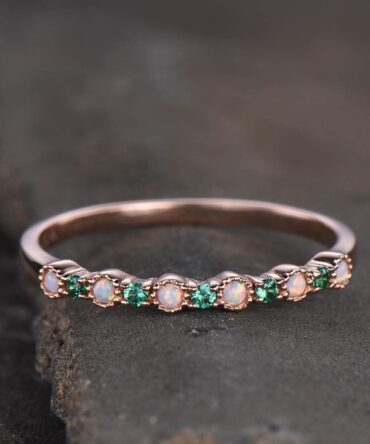 Opal Emerald Wedding Ring Opal Wedding Band Rose Gold Ring Dainty Stacking Ring Art deco Gemstone Band Anniversary Gift for Women