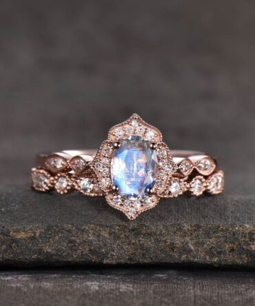 Art deco Moonstone Wedding Ring Set, Vintage Moonstone Engagemnent Ring, Half Eternity Stacking Ring, Rose Gold Bridal Set, Gift for Her