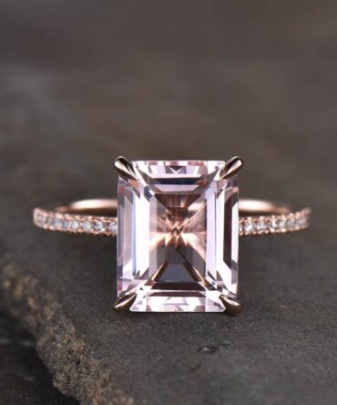 Rose Gold Morganite Ring, Emerald Cut Solitaire Morganite Engagement Ring, Wedding Ring, Statement Ring, Peach Morganite, Promise Ring