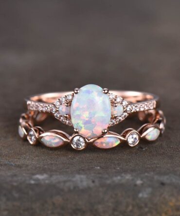 Opal rings for women, Oval white opal engagement ring, Opal eternity band, Rose gold opal rings, Wedding ring set, Bridal set