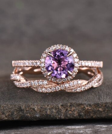 Amethyst Ring, Amethyst CZ Wedding Ring Set, Natural Round Cut Amethyst Engagement Ring, CZ Diamond Twist Band, Bridal Set, Anniversary Gift