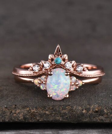 Opal Ring, Oval White Fire Opal Engagement Ring, Vintage Bridal Set Rose Gold, Promise Ring, Anniversary Birthday Gift for Her