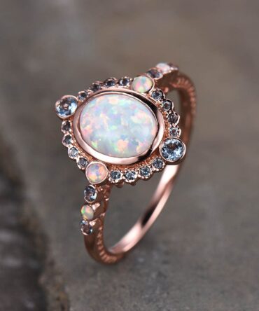 Rose Gold Opal Ring, White Opal Engagement Ring, Vintage Opal Ring, Blue Topaz Halo Ring, October Birthstone, Promise Ring, Gift for Her