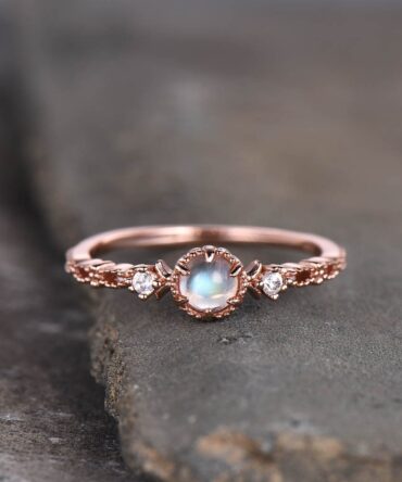 Dainty Moonstone Ring, Rainbow Moonstone Wedding Ring, Rose Gold Engagement Ring, Art Deco Ring, Minimalist Ring, Promise Ring