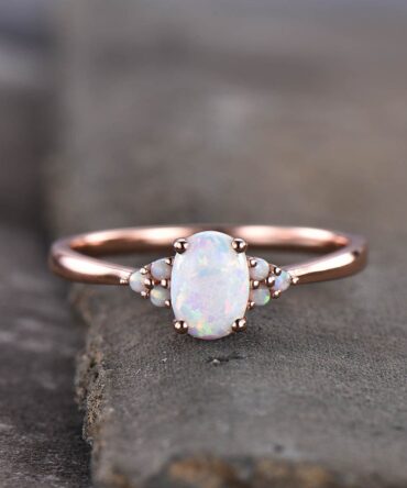 White Fire Opal Ring, Opal Engagement Ring, Dainty Cluster Ring, Rose Gold Opal Ring, Wedding Ring, Promise Ring, October Birthstone