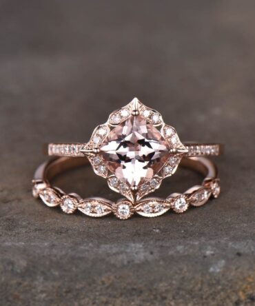 Art Deco Morganite Ring Set, Rose Gold Wedding Ring, 7mm Cushion Morganite Engagement Ring, Vintage Bridal Set, Anniversary Gift For Her