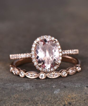 Rose Gold Morganite Bridal Set Oval Peach Morganite Engagement Ring Art Deco Wedding Band Morganite Wedding Ring Set Promise Ring