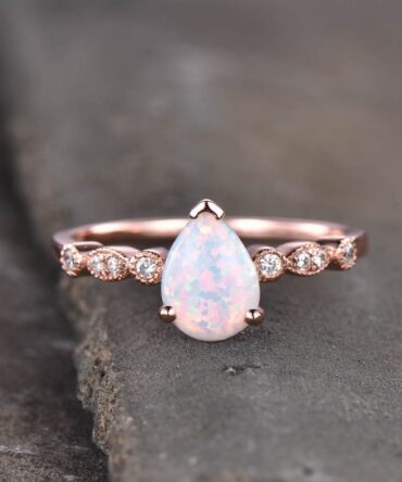 White Opal Ring, Pear Opal Engagement Ring, Art Deco Wedding Ring, October Birthstone, Gemstone Rose Gold Ring, Promise Ring