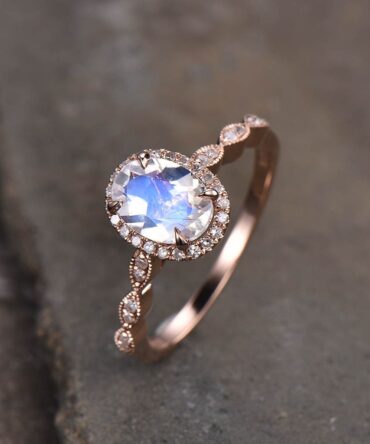 Moonstone Ring, Art Deco Moonstone Engagement Ring, Blue Gemstone Ring, Rose Gold Wedding Ring, Promise Ring, Anniversary Gift for Her