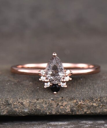 Pear shaped Black Rutilated Quartz Engagement Ring Rose Gold Rings for Women Vintage Ring Dainty Wedding Ring Art Deco Ring Promise Ring