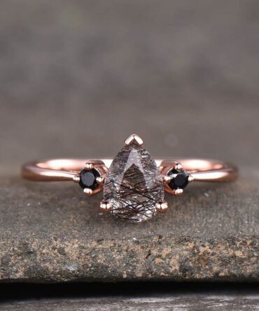 Black Quartz Rutilated Engagement Ring Dainty Rose Gold Ring Black Gemstone Ring Antique Bridal Ring Anniversary Gift Handmade Ring