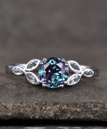 Alexandrite Ring, Sterling Silver Ring, Round Alexandrite Engagement Ring, Marquise Aquamarine Cluster Ring, Promise Ring, June Birthstone