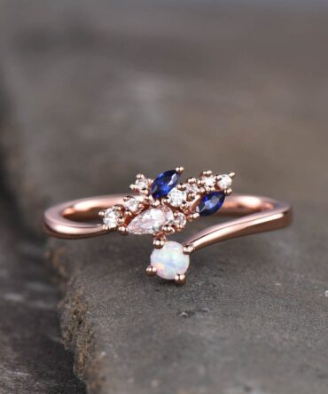 Vintage Wedding Band Rose Gold Opal Wedding Ring Cluster Stone Ring October Birthstone Ring Anniversary Gift for Her