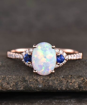 White Opal Ring Opal Sapphire Engagement Ring Rose Gold Women Wedding Ring Oval Opal Ring October Birthstone Ring Bridal Anniversary gift