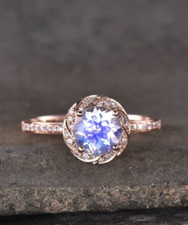 Art Deco Moonstone Ring, Rose Gold Moonstone Ring, Rainbow Moonstone Engagement Ring, Gemstone Ring, Anniversary Gift For Her
