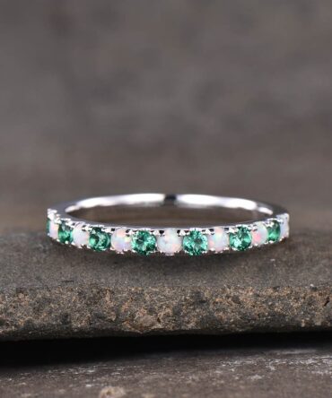 Emerald Opal Wedding Band, Half Eternity 2mm Opal Stacking Band, Silver Wedding Ring, Gemstone Band, Birthstone Ring, Anniversary Gift
