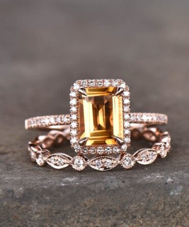 Citrine Ring for Women, November Birthstone, Citrine Wedding Ring Set, Emerald Cut Citrine Gemstone Ring, Eternity Wedding Band, Art Deco