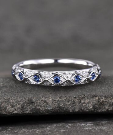 Antique Sapphire Wedding Band 925 Sterling Silver Vintage Wedding Ring September Birthstone Stacking Ring Anniversary Gift for Her Handmade
