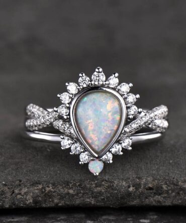 Opal Engagement Ring Set, Pear Shaped White Fire Opal Ring, Opal Wedding Ring Set, Statement Ring, Stacking Ring, Bridal Set, White Gold
